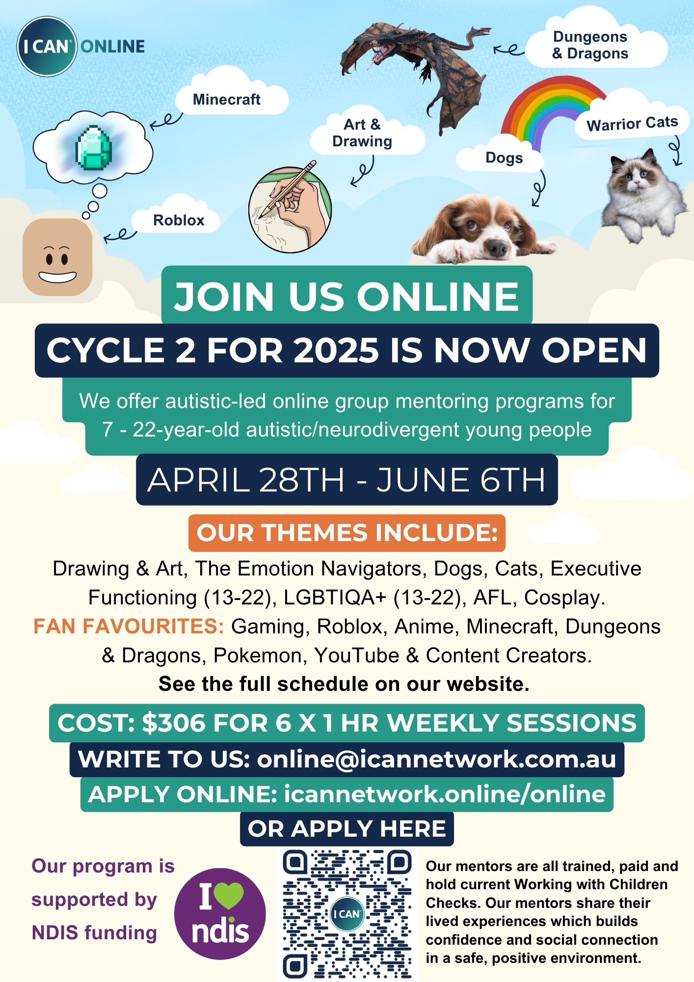 Flyer for I CAN Online program that is an event for 7 - 22 year old autistic young people