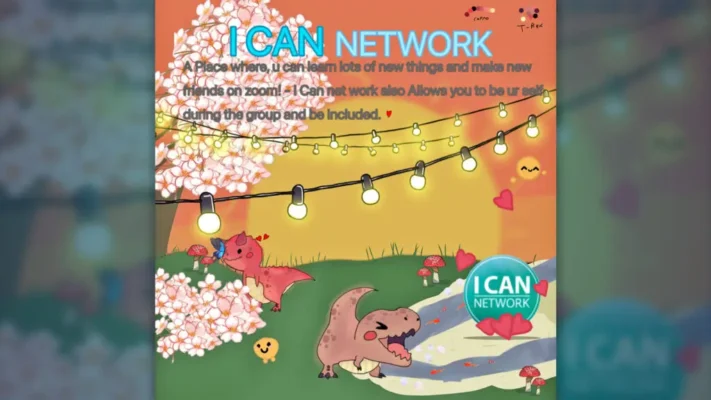 An illustration of dinosaurs in a field with lights and hearts around them drawn by a mentee symbolising the belonging of all things at I CAN online mentoring sessions.